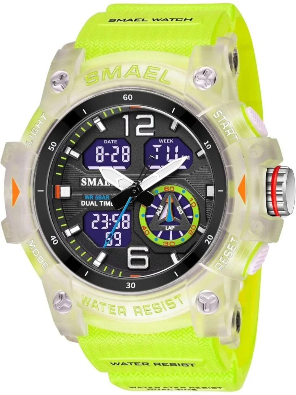 Mens Translucent&Green Analog Quartz S-Shock Waterproof Sports LED Digital Watch